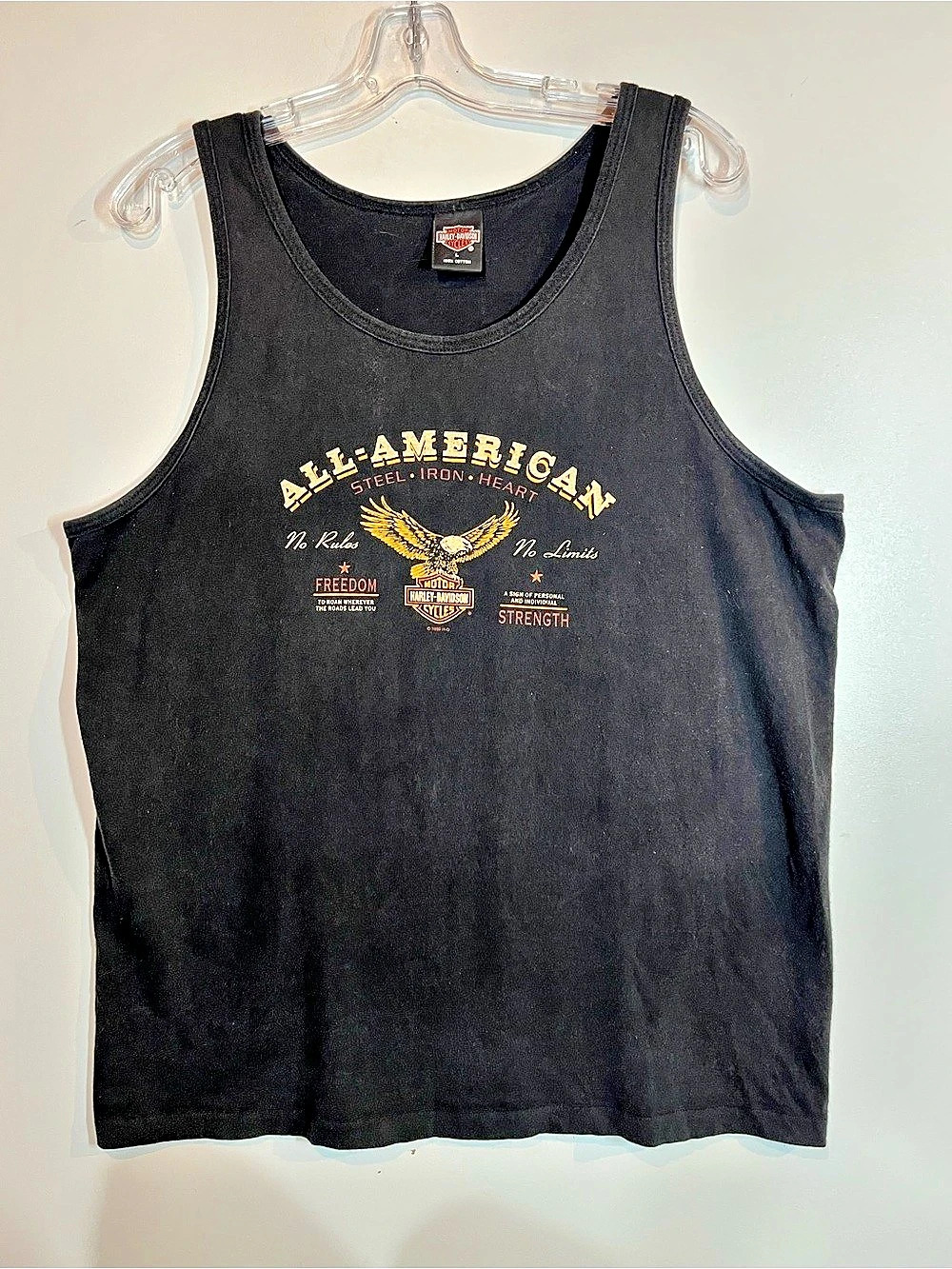 Vintage 1995 Harley-Davidson All-American Steel Iron Heart Tank Top Black Cotton